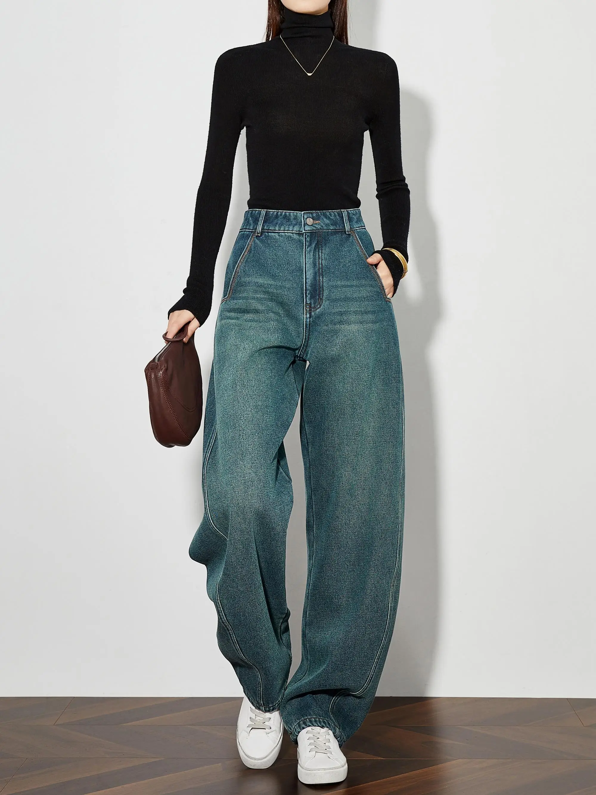 

Классические джинсы с широкими штанинами в стиле ретро, женские длинные повседневные косые брюки с высокой талией, свободный крой, повседневные брюки с водной талией, чистый цвет