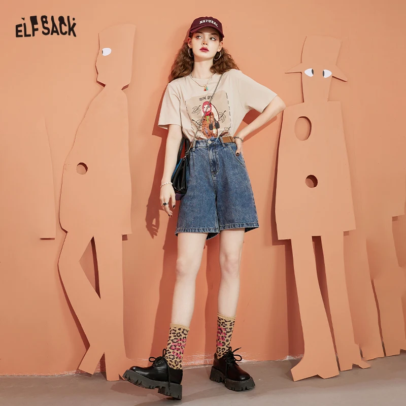 

Синие джинсовые плиссированные шорты ELFSACK с высокой талией и поясом с пряжкой для женщин