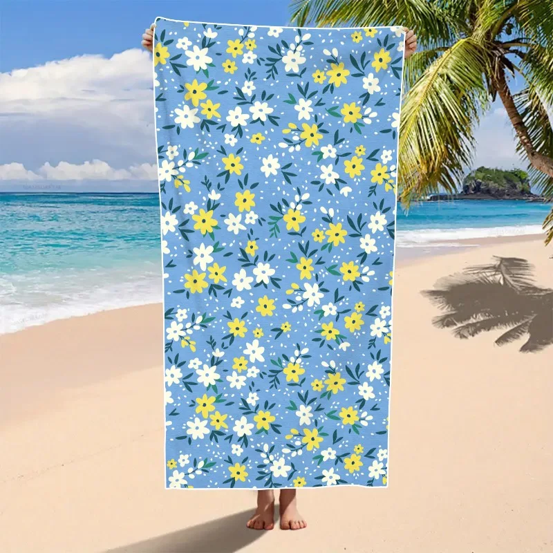 90X180 Bright Blue Background Small Flower Beach Towel, Soft and Absorbent Sand Proof, Beach Specific Outdoor Camping Pool Towel