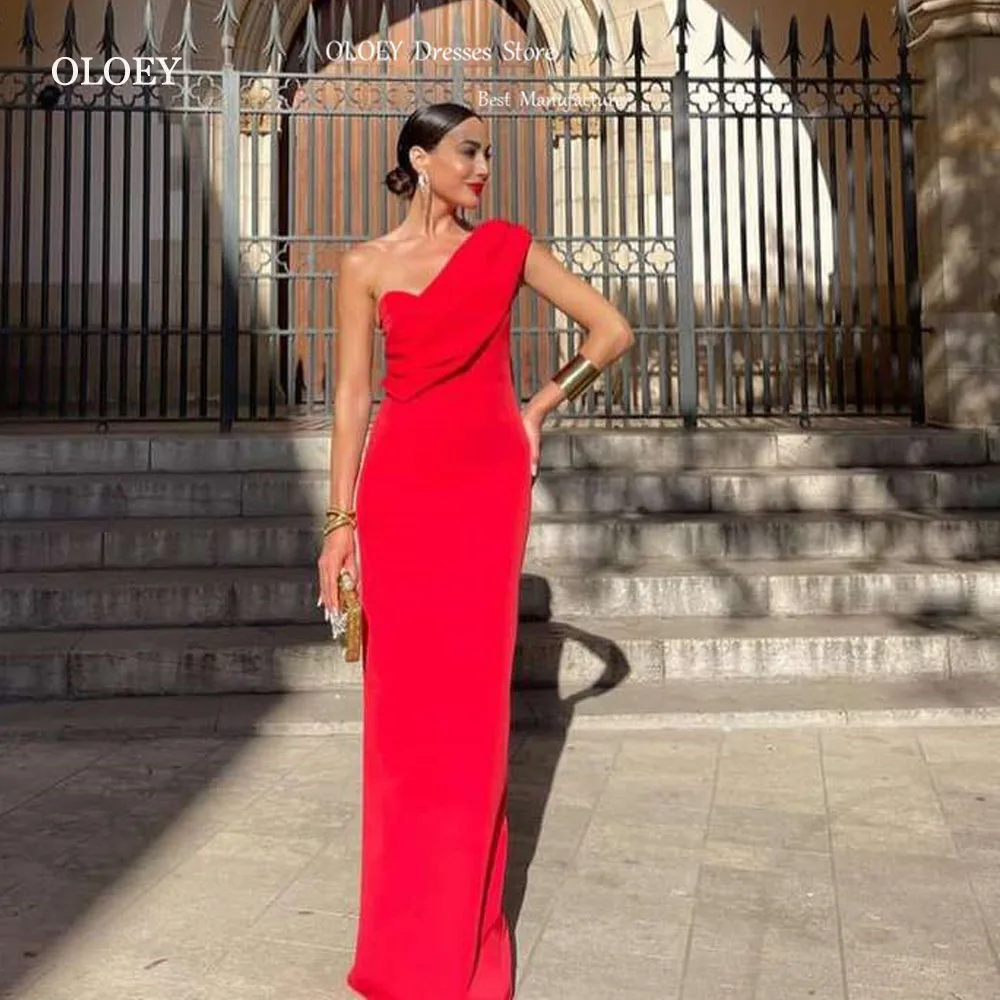 

OLOEY Red Evening Dresses Arabic Women One Shoulder Soft Satin Floor Length Wedding Party Formal Prom Gowns Vestidos de fiesta