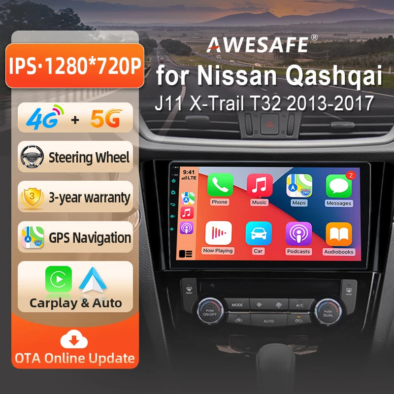 AWESAFE Autoradio Wireless CarPlay Android Auto per Nissan Qashqai J11 X-Trail 3 T32 2013-2017 GPS Navi Plug and Play con SWC CAN