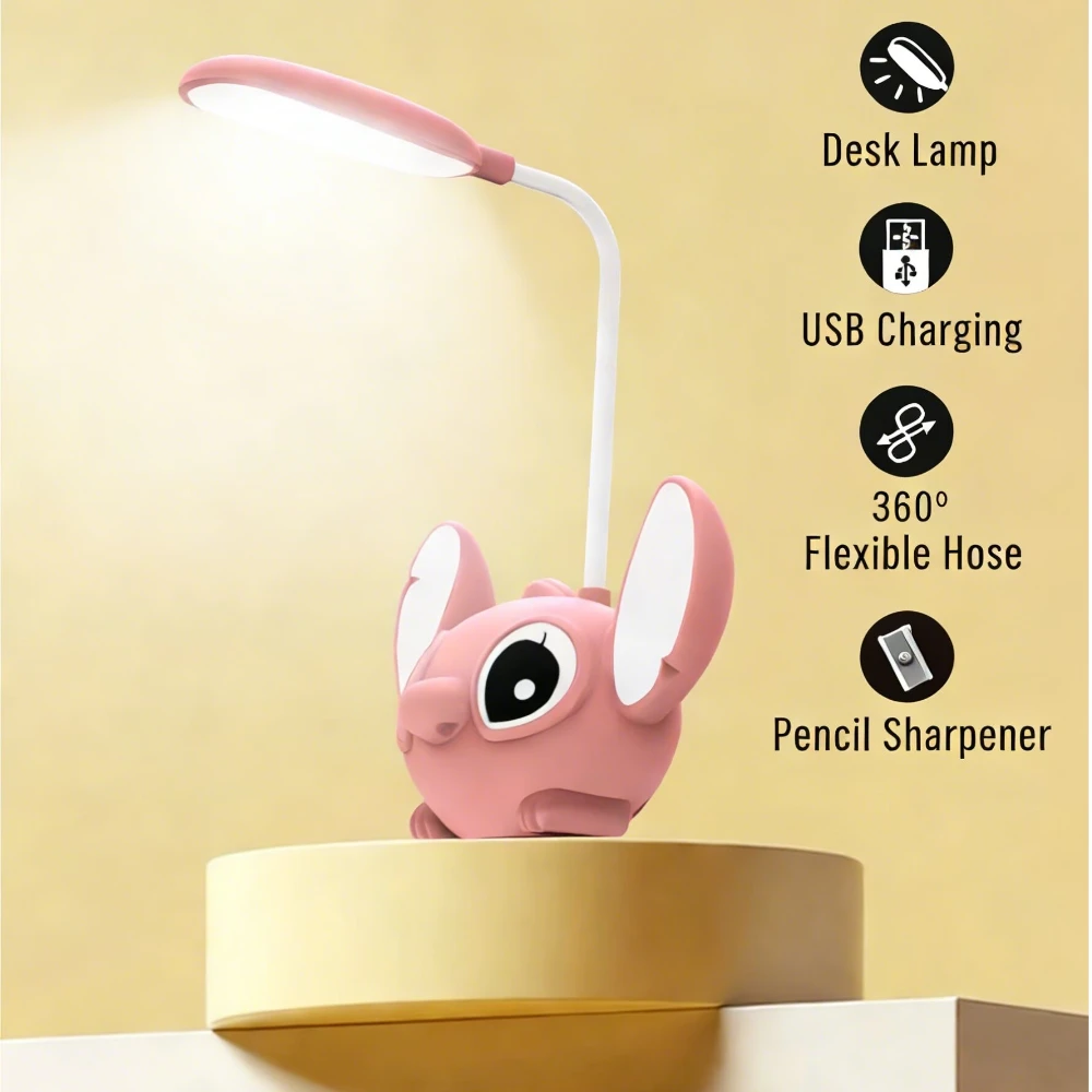 Urocza lampka biurkowa LED Lilo i Stitch z ładowaniem USB, ostrzałką do ołówków, ochrona oczu, lampka nocna, dekoracja pokoju, prezent urodzinowy