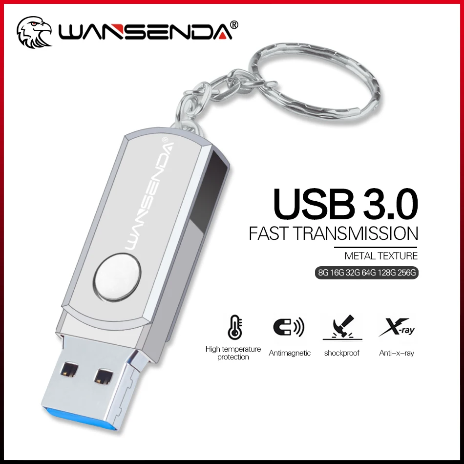 WANSENDA USB 3.0 Flash Drive High Speed Pen Drive 16GB 32GB 64GB USB Stick 3.0 Memory Stick 128GB 256GB Pendrive with KeyChain