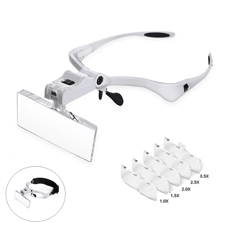 

Headband Magnifying Glasses with LED Light 1X 1.5X 2X 2.5X 3.5X Replaceable Lens Helmet Magnifier Third Hand Tool for Repairing