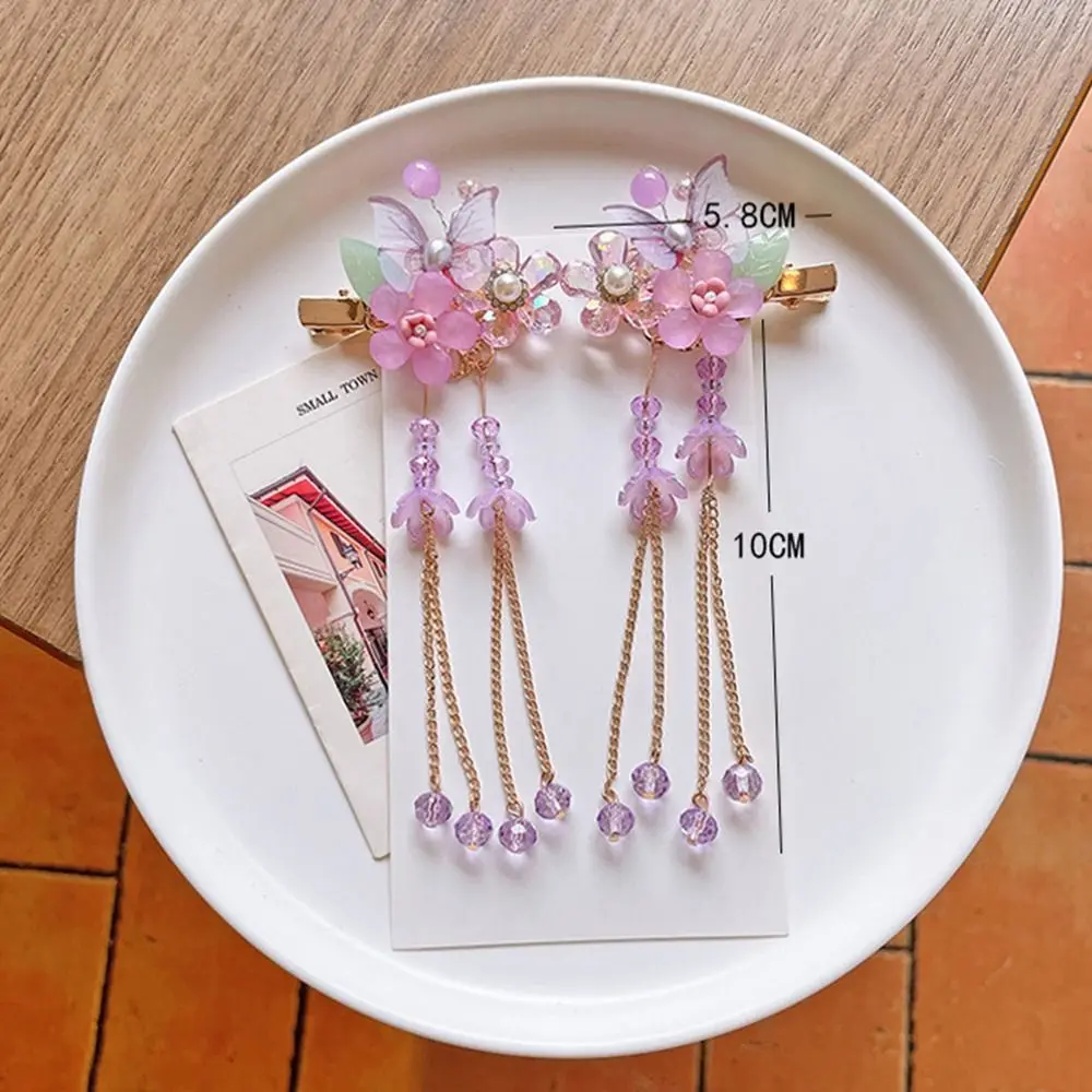 Butterfly Flower Hanfu Ornament Side Clip Tassel Headdress Barrettes Kids Girl Hairpin Chinese Style Hair Clip Hair Accessory