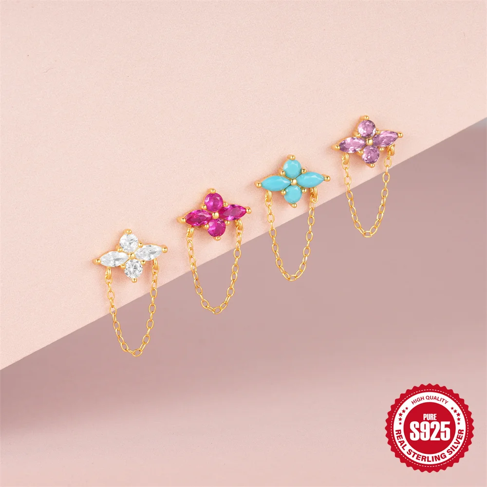 

CANNER 1Pc 925 Sterling Silver Colorful Petal Zircon Stud Earrings For Women 18K Gold Versatile Flat-Head Ins Fine Jewelry Gifts