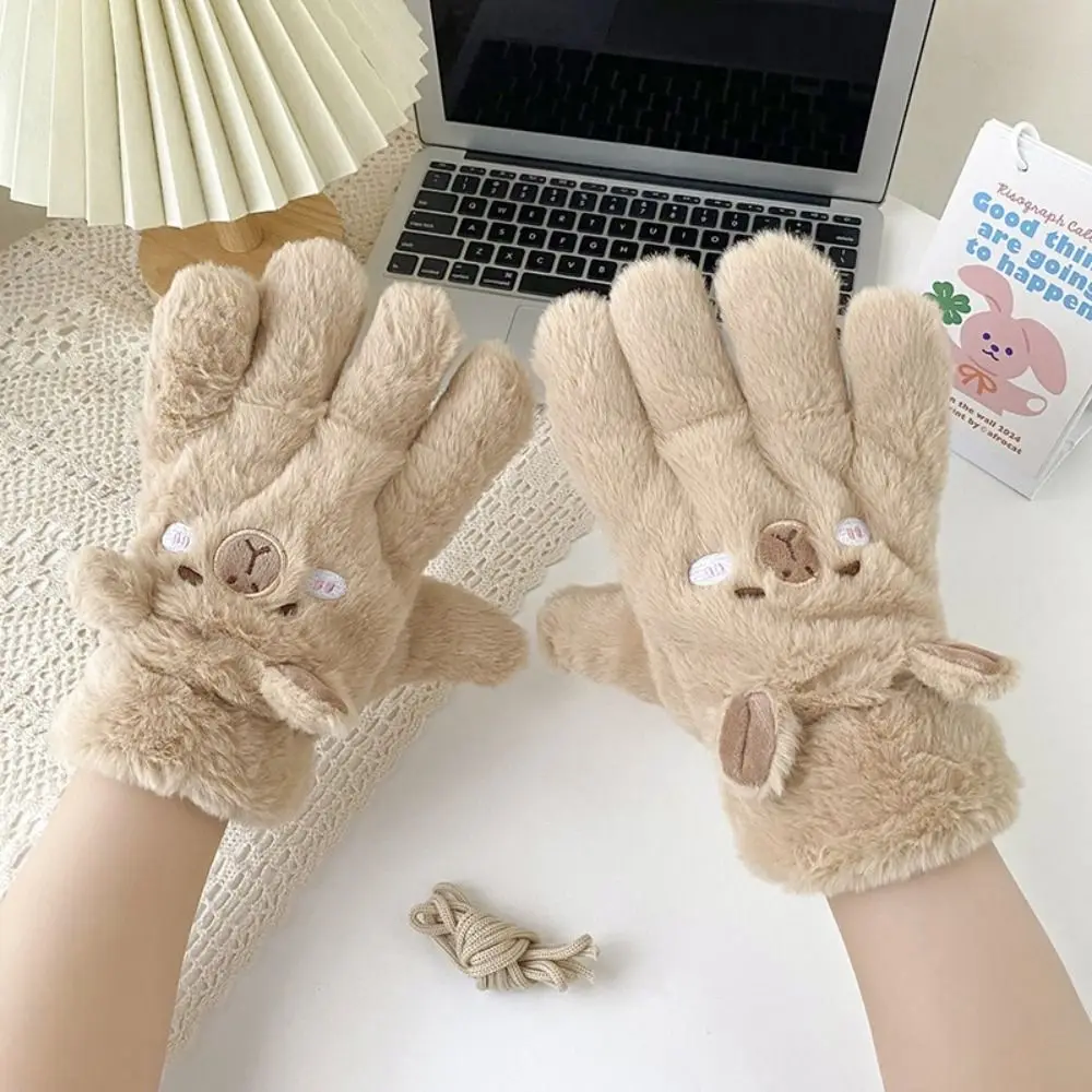 Soft Cute Capybara Scarf Gloves Set Warm Thicken Plush Capibara Flip Gloves Fur Windproof Winter Kapibara Mitten Girls