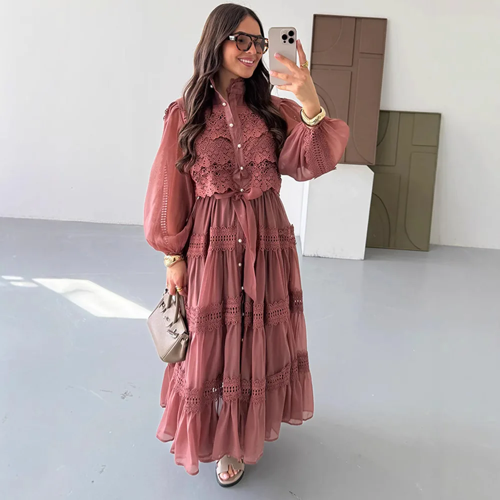 

Spring/Summer 2026 Women's Casual Office Long-Sleeved Blouse Mesh Striped Design with Flared Sleeves for Office Wear