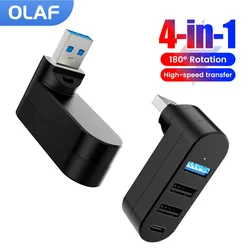 180° Rotatable 4 Port USB Hub High Speed Multi Port Hub 3.0/2.0 Type C Hub USB Splitter For U Disk Laptop MacBook PC Accessories
