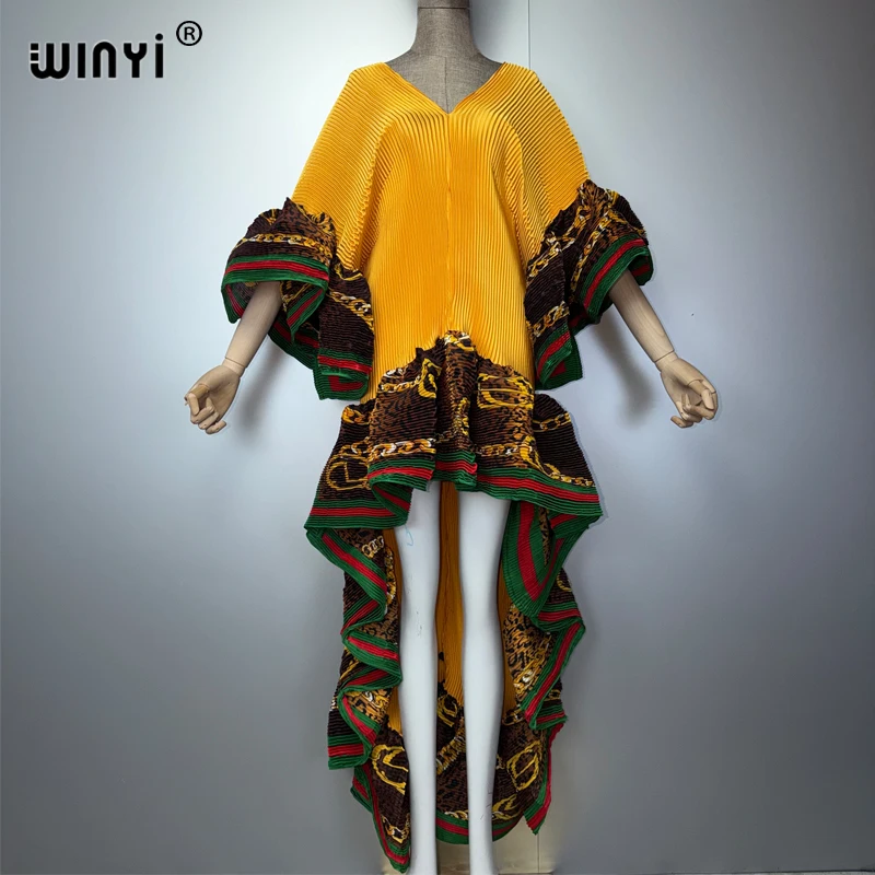 

WINYI Middle East Boho Maxi Kaftan Dress Elegant Pleated Elastic Beach Cover up Luxury Party Evening Dubai Style Abaya