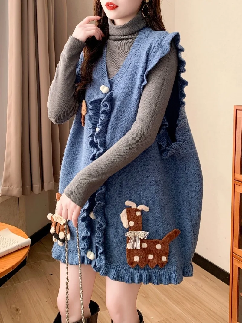 Oversize Spring Autumn New Sweet Aging Knitted Vest Women Pink Knitted Cardigan Mushroom Edge Sweaters Tank Top Kawaii Clothes