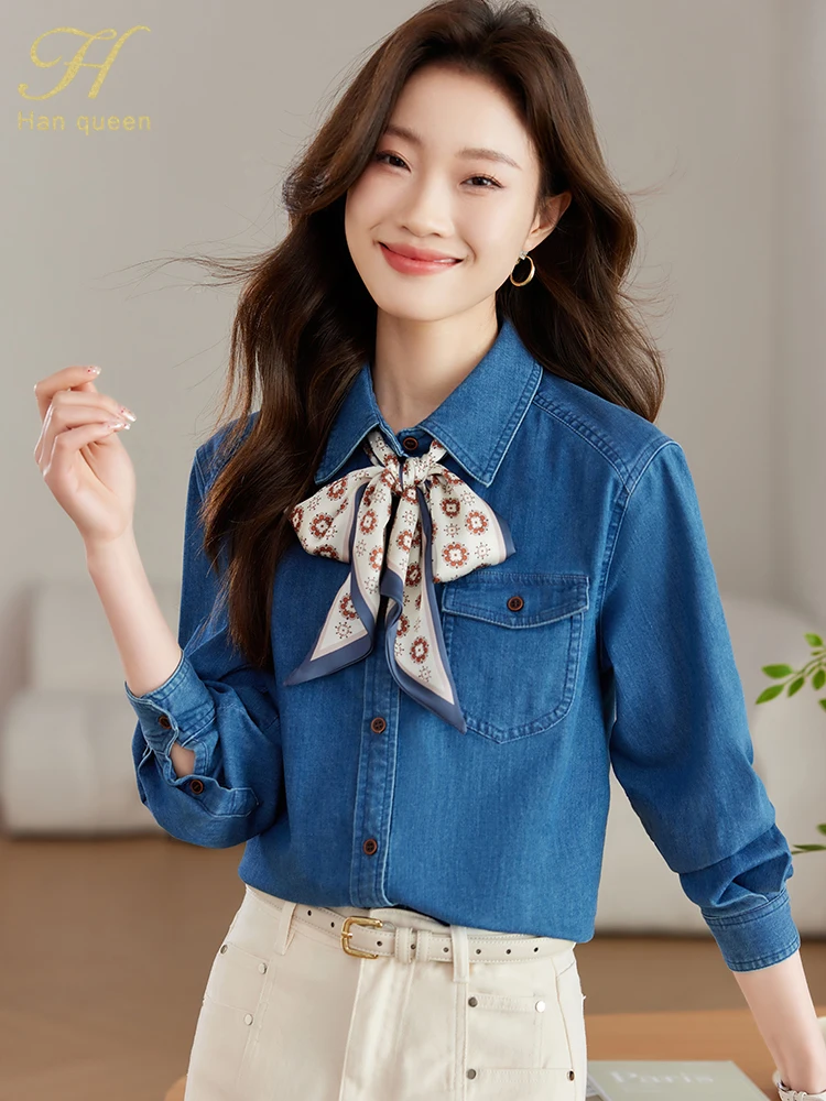 

H Han Queen Autumn Bow Denim Loose Casual Shirts Elegant Long Sleeve Blouse Women Clothing Basic Office Vintage Tops