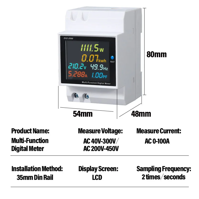 AC 6IN1 380V 100A Szyna Din 110V 220V 63A Woltomierz Amperomierz KWH Częstotliwość współczynnika mocy Miernik energii elektrycznej Monitor VOLT AMP