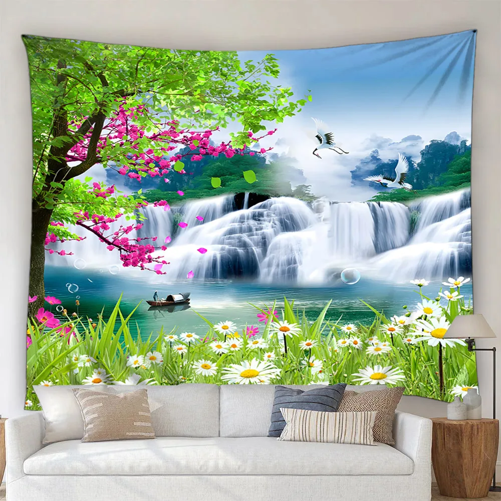 Nature Landscape Tapestry Tropical Rainforest Waterfalls Rivers Trees Plants Flowers Polyester Printed Fabric Fine Home Decor