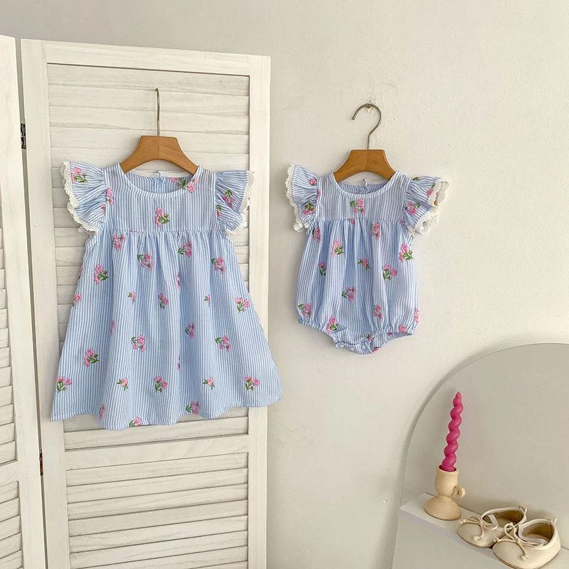 2026 Summer Sister Blue Clothing 0-24M Baby Girl Flying Sleeve Embroidery Baby Bodysuit 2-6Yrs Sweet Party Frock Kids Dresses