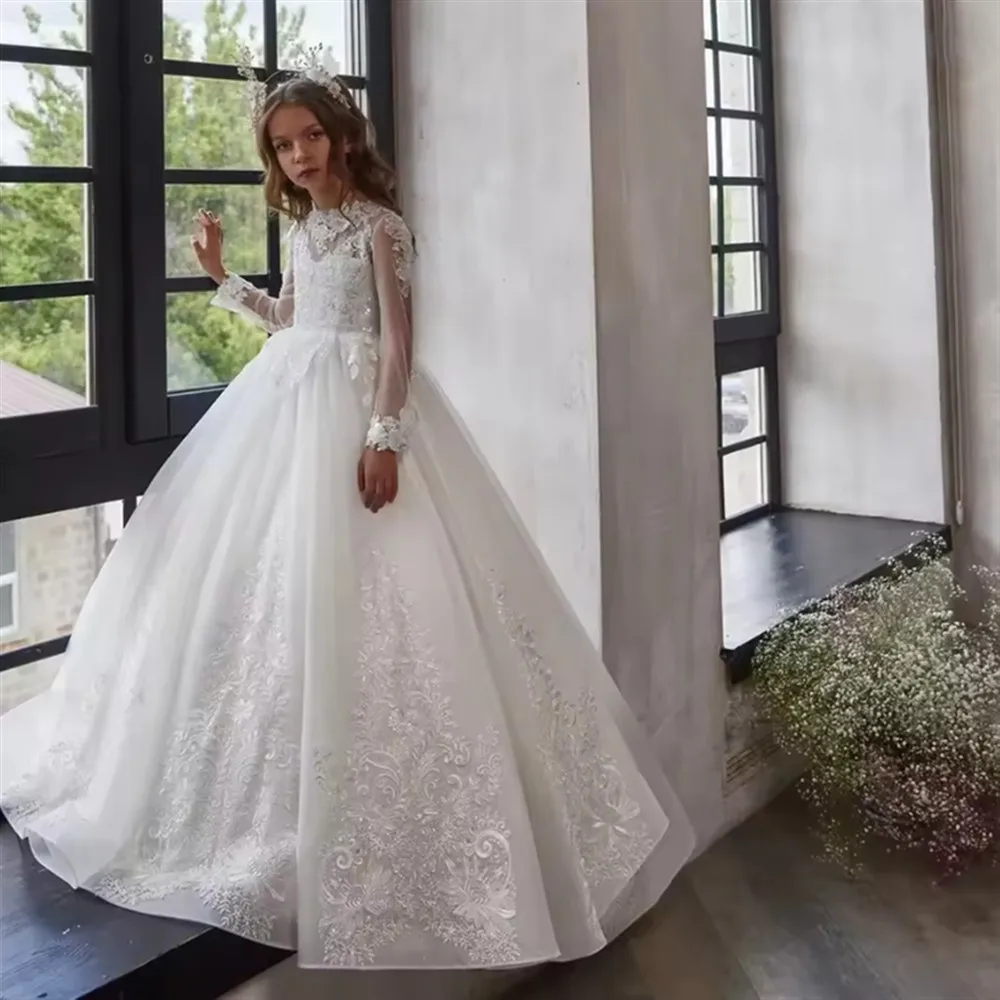 

Customized White Flower Girl Dress For Wedding Appliques Lace Long Sleeve Tulle Floor Length Kids Birthday First Communion Gown