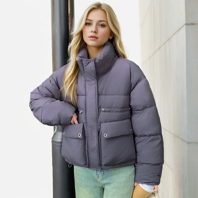 سترة نسائية شتوية مبطنة بلون نقي وحاشية مرنة وياقة واقفة معطف على طراز مترهل للنساء #3