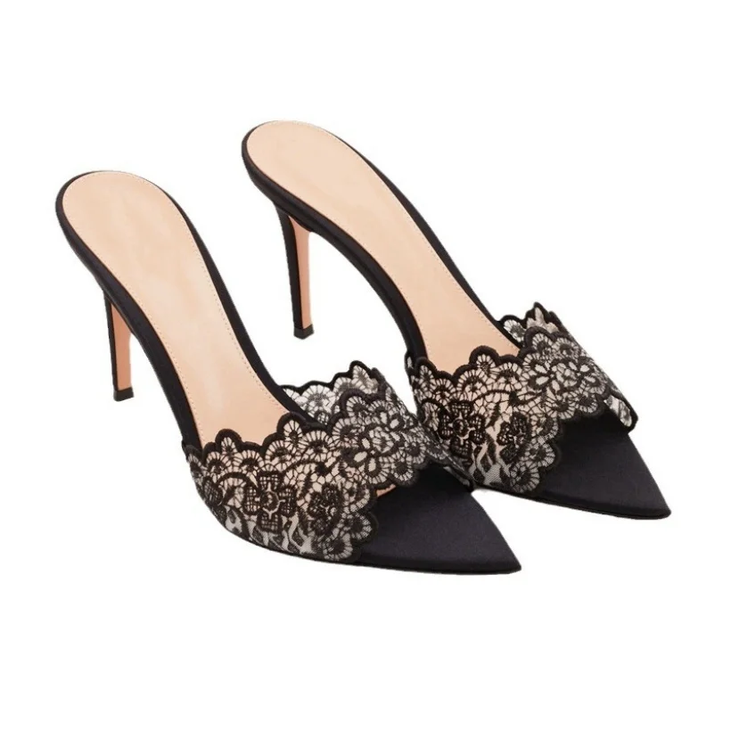 New Woman Shoes Sexy Lace Mesh Floral Women High Heels Slides Pointed Toe Cutouts Zapatos De Mujer Brand Design Shoes For Woman
