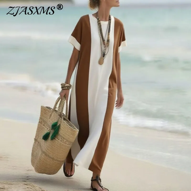 레트로 배색 사이드 슬릿 롱 드레스 여성 우아한 O넥 루즈 보헤미안 맥시 드레스 봄 여름 반팔 휴가 드레스