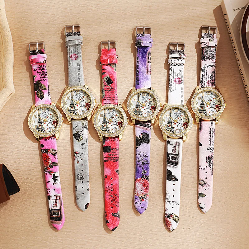 Fashion Large Dial Ladies Quartz Watch Romantic Eiffel Tower Design Women Leather Clock Gift Dress Watches image 5