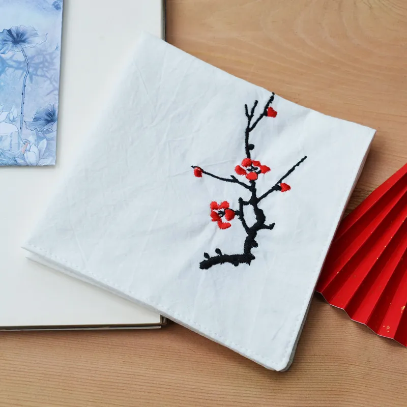 Traditional Chinese Style Hanfu Matching Embroidered Plum Blossom Handkerchief Double Layer Soft Cotton Unisex Custom Embroidery