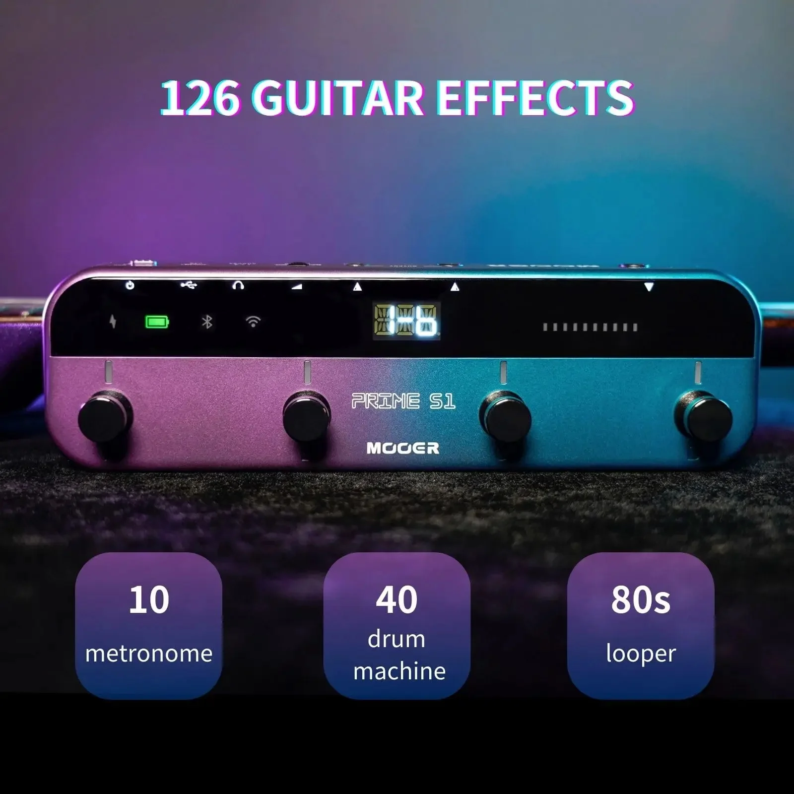 MOOER Prime S1 Guitar Multi-Effect Pedal 128 Guitar Effects Drum Machine 80s Looper Tuner Pedal with Bluetooth Rechargeable