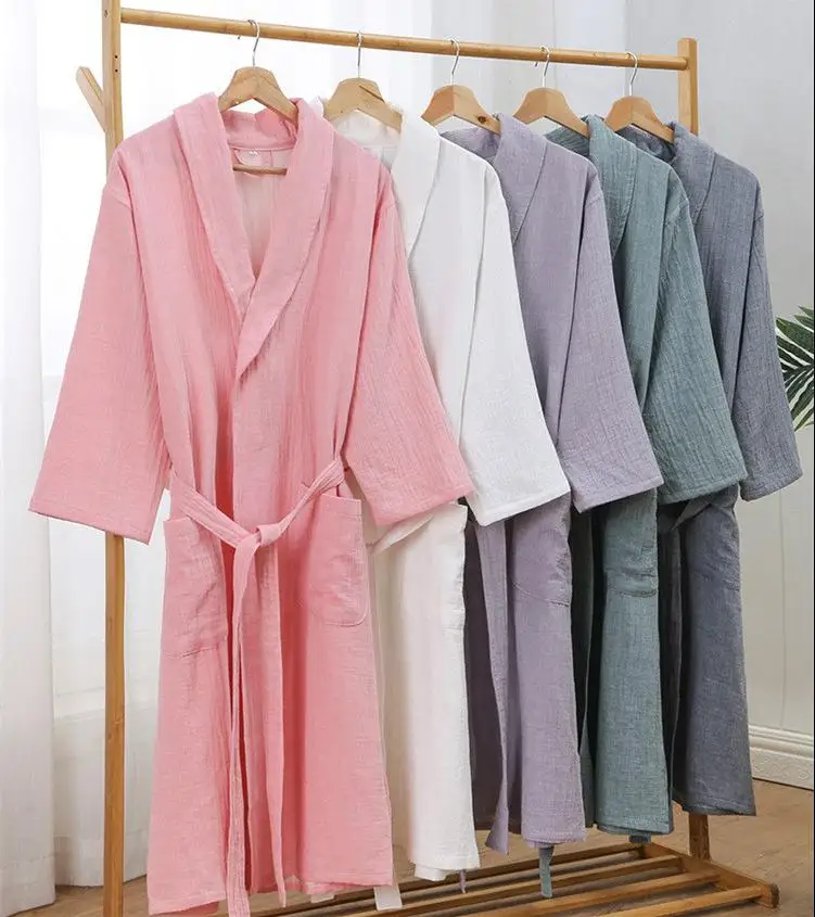 Female Kimono Bathrobe Sleepwear Solid Sauna Costume Women Sweatshirt Robe 100% Cotton 2 Layer Gauze Quick-drying Hotel Spa Robe