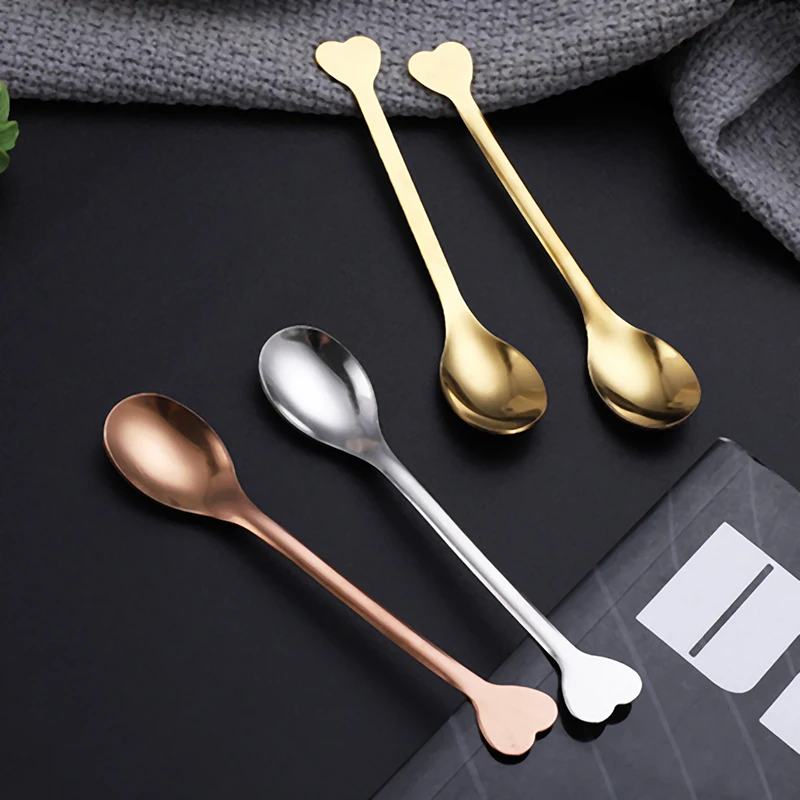 2pcs Stainless Steel Love Handle Shaped Coffee Spoon Teaspoon Children Spoon Beautiful 3 Colors Coffee Tea Use Kitchen Spoon