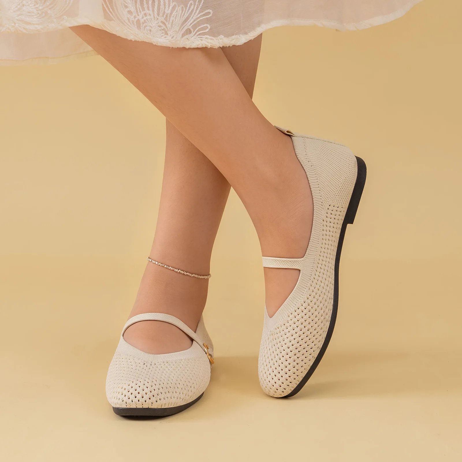 Sommerliche Damen-Mary-Jane-Schuhe mit Lochmuster, weicher flacher Sohle, leichtem Schnallenverschluss, atmungsaktiv, lässig, modisch, Ballerinas – Detail 8
