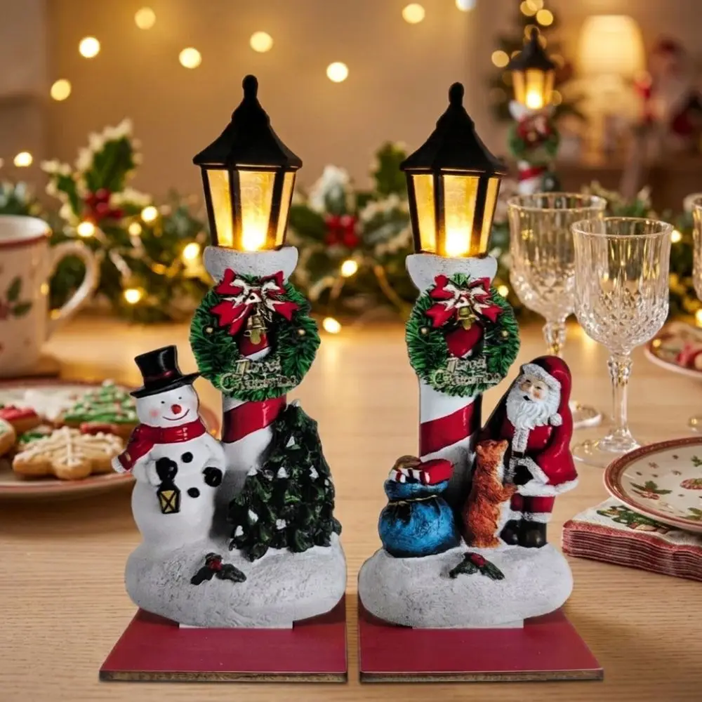 2Pcs 2D Flat Santa Wooden Tabletop Ornament Vintage Wreath Christmas Lantern Craft Sign Snow Scene Stable Base