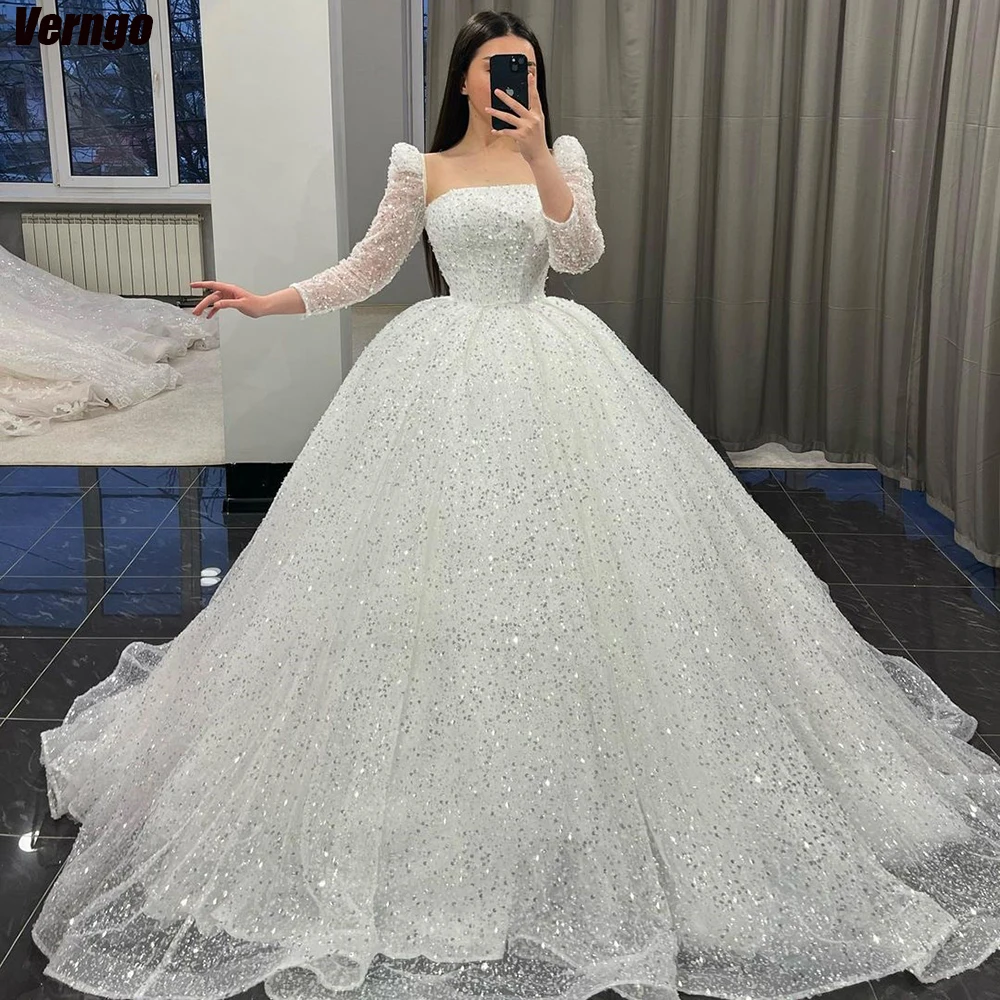 Verngo A-Lijn Lange Mouwen Trouwjurken Strapless Lovertjes Bruidsjurk Vloer Lengte Bruid Jurk Voor Vrouwen Vestidos De Novia