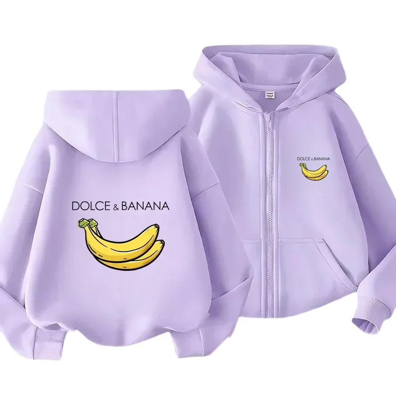 Bright Yellow Zip Hooded Coat Chest Small Banana Dolce Banana Logo Back Big Banana Fruit With Letter Print Casual Daily Jacket