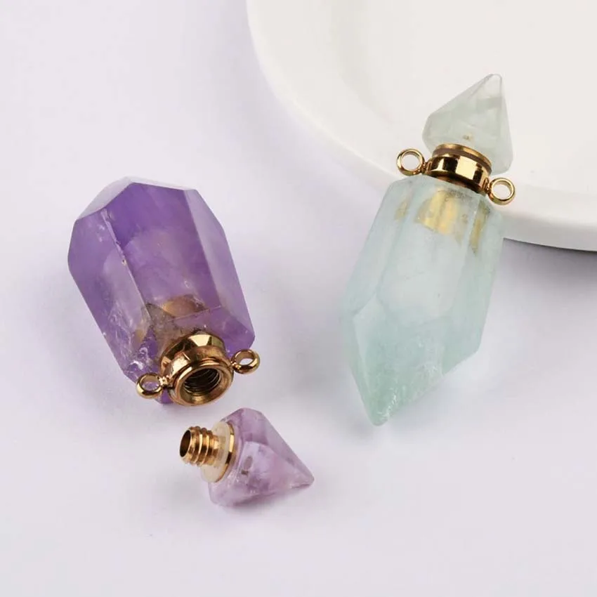 Crystal Hexagonal Stone Perfume Bottle Pendant Necklace For Women Natural Amethyst Fluorite Gemstone Pendants Diffuser Jewelry