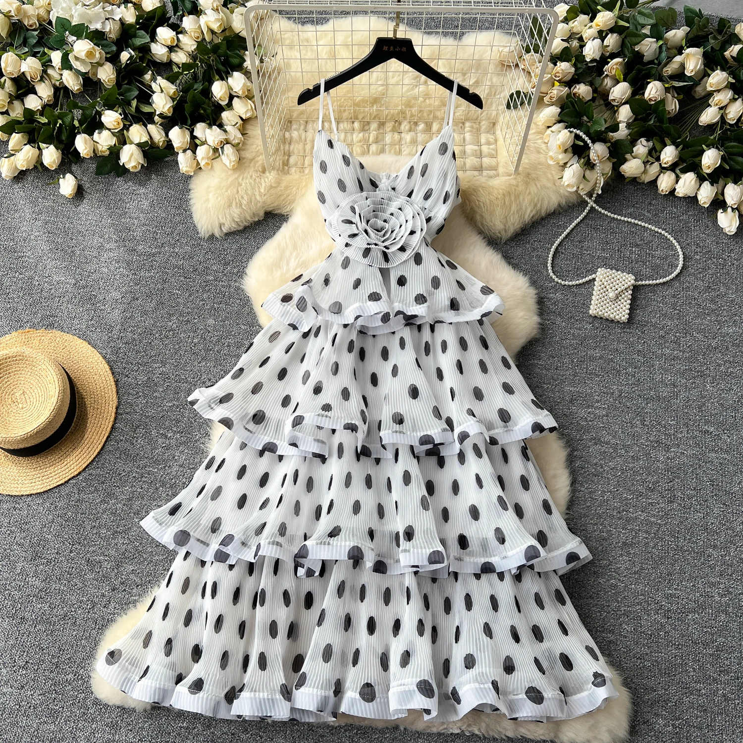 Summer Party Dress for Women Ruffle Layered Cake Dresses Wave Point Tie Flowers New In Evening Pleated Sundress 2024 Chic Sweet