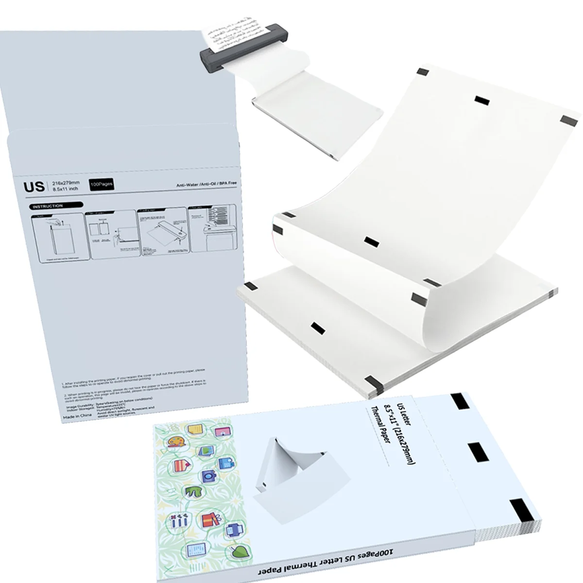 ورق حراري Phomemo A40 - حجم الرسالة الأمريكية 8.5 × 11 بوصة للطابعات اللاسلكية، أوراق الطباعة الفورية للاستخدام في الفندق/المكتب/المنزلي