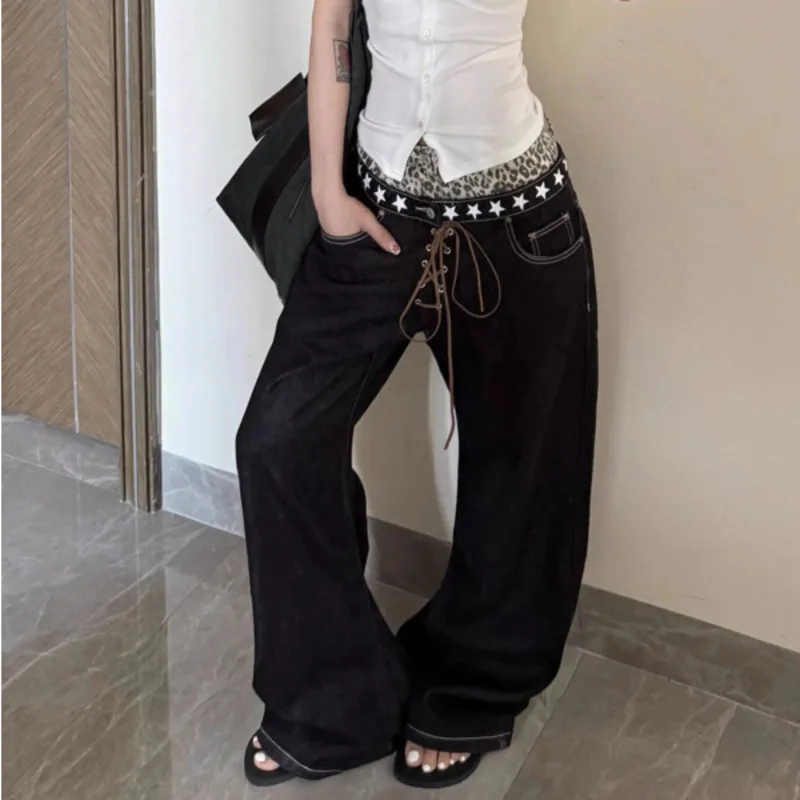 

Denim Scimitar Jeans Stacked Design Sense Unisex Pants For Women's Fashionable Personalized Streets Mid-rise Straight-leg Pants