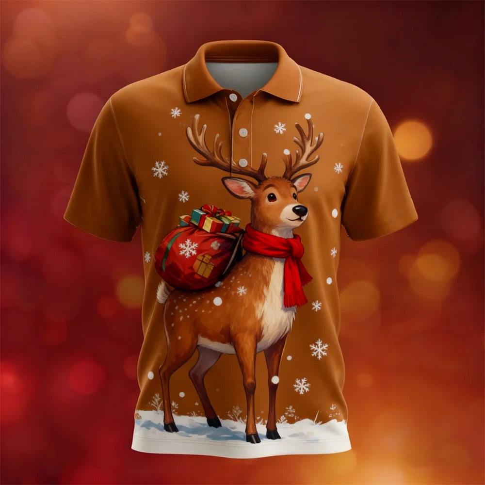 هدية عيد الميلاد نمط قميص بولو قصير الأكمام 3D طباعة مضحك سانتا كلوز الرسم زر التلبيب أعلى تنفس سريعة الجافة الملابس