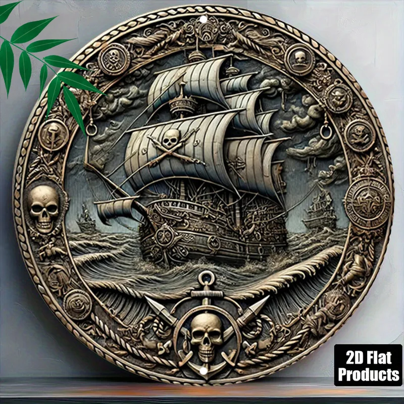 CIFbuy Vintage Pirate Ship Skull Aluminum Wall Art Waterproof Durable Metal Sign For Home Office Bar