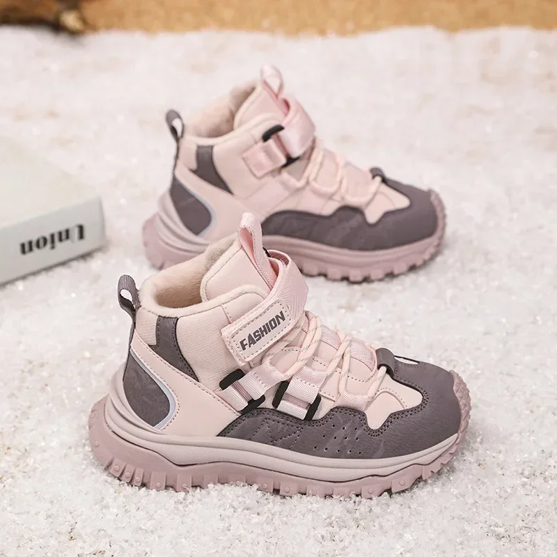 

High-top Sneakers 2024 Winter New Anti-slip Sports Shoes for Boys and Girls Plus Velvet and Thickened Warm Cotton Shoes