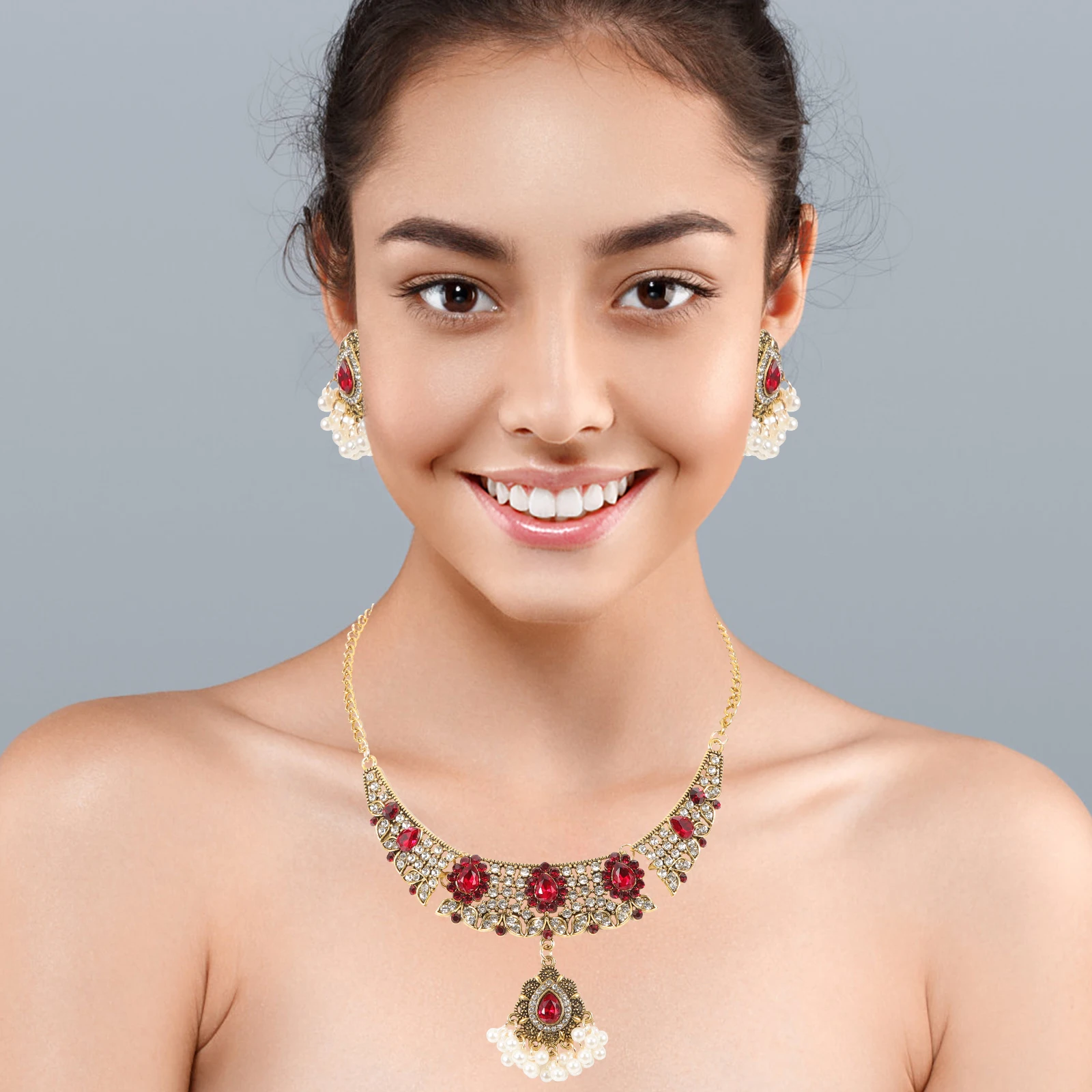 

Pearl Necklace Retro Alloy Earrings Gift Set Dangle Women Jewelry Party Vintage Rhinestones Pendant Ear nament NeckDecoration