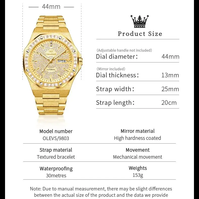 Olevs-男性用自動機械式時計,完全なダイヤモンド,中空フライホイール,カレンダー,週と月の満ち欠け,高級ビジネス時計,9803