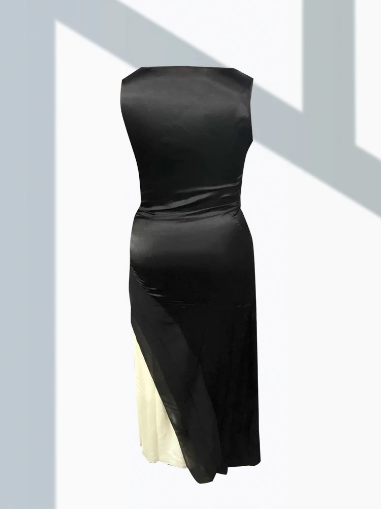 グラデーションパッチワーク女性用タンクドレス、ファッショナブルなボートネックノースリーブプリーツAラインガウン、シックなフロア丈プロムイブニングドレス