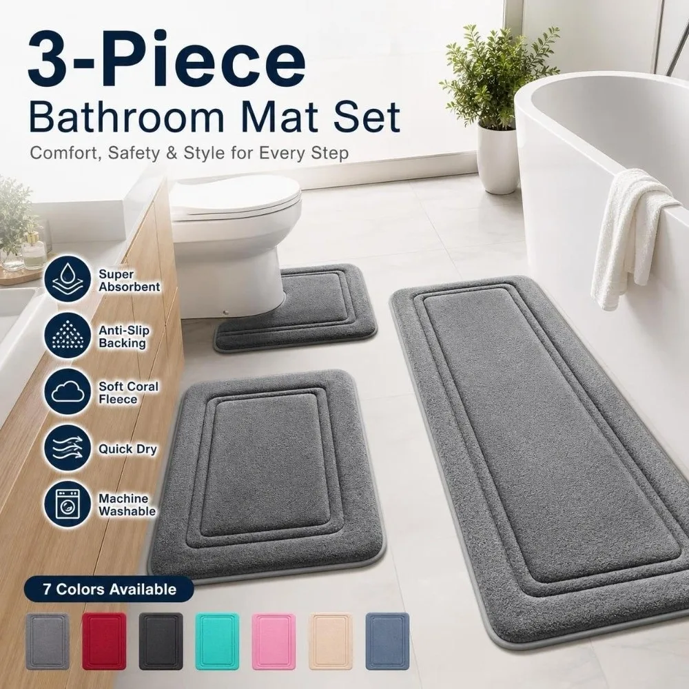 3pcs Memory Foam Bathroom Rug Set Non Slip Super Absorbent Bath Mats Ultra Soft Quick Dry Small Area Rugs Bathroom Decor