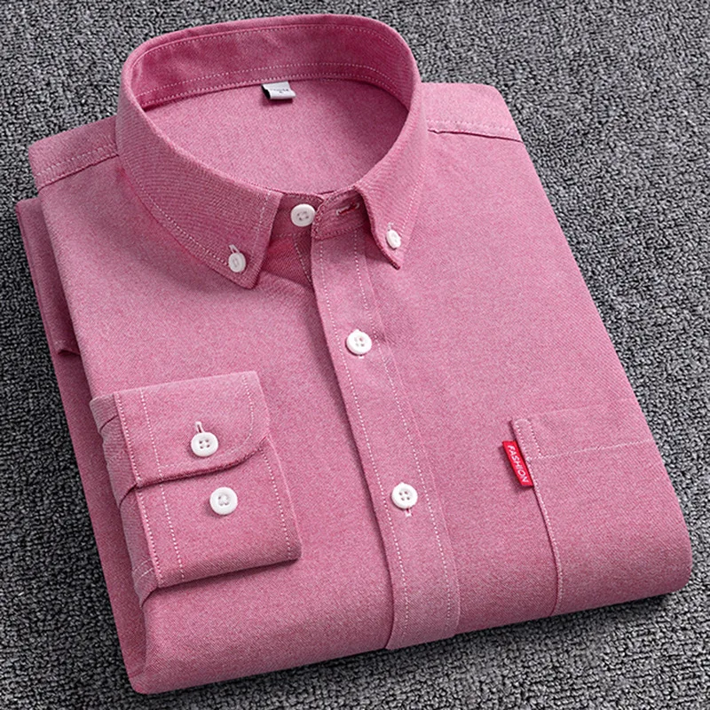Washed Oxford Long Sleeve Shirt Men's Slim Lapel Pocket Casual Top