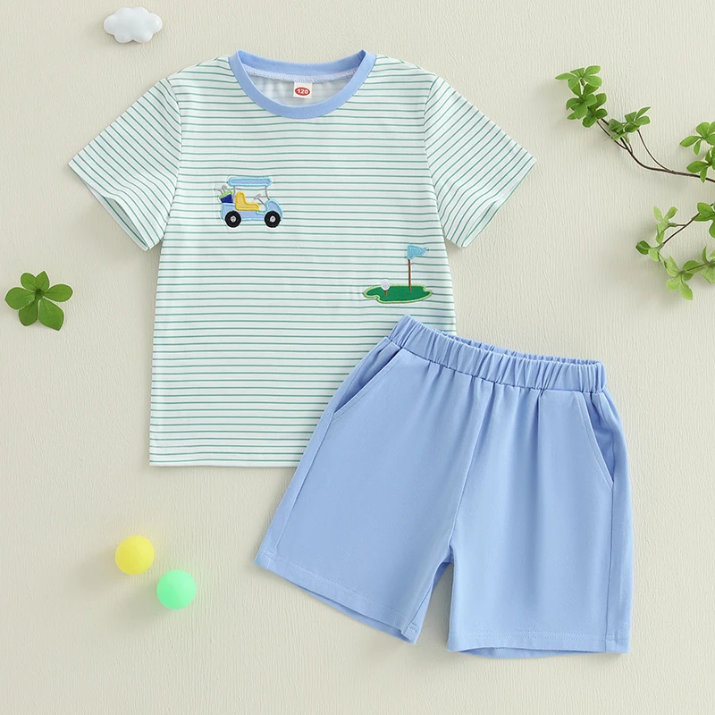 Boys Summer Golf Theme Embroidered T-Shirt and Elastic Waist Shorts Set with Round Neck and Short Sleeves 2-Piece Outfit