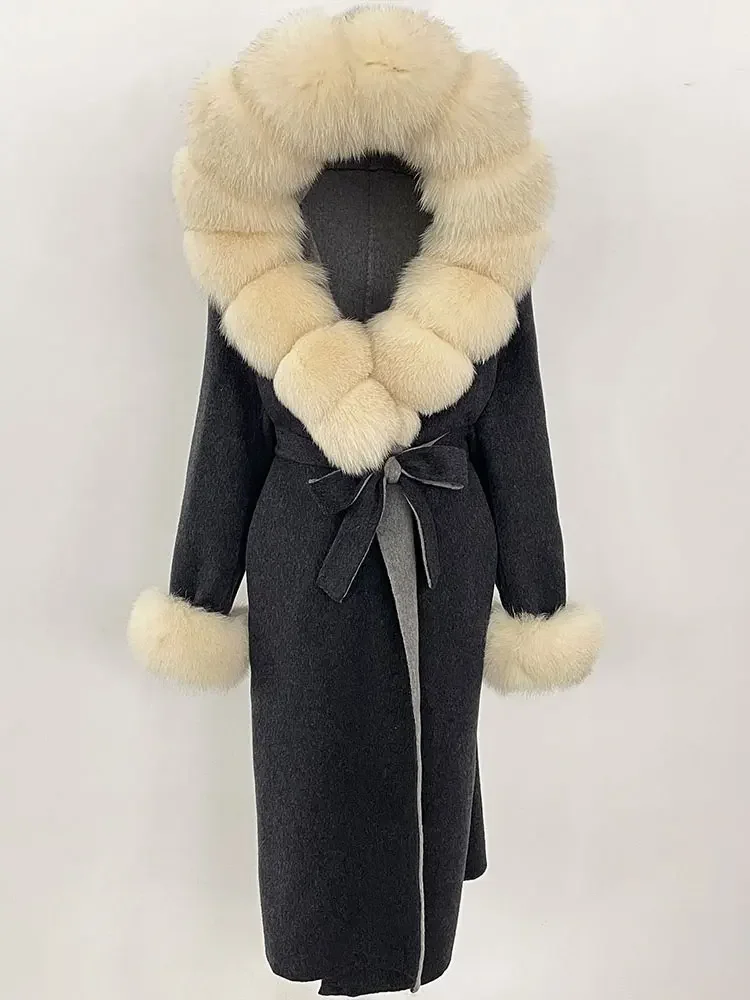 Manteau à capuche en laine mélanges de laine Double face pour femme, vêtement épais et chaud, avec col en vraie fourrure de renard naturelle, automne et hiver