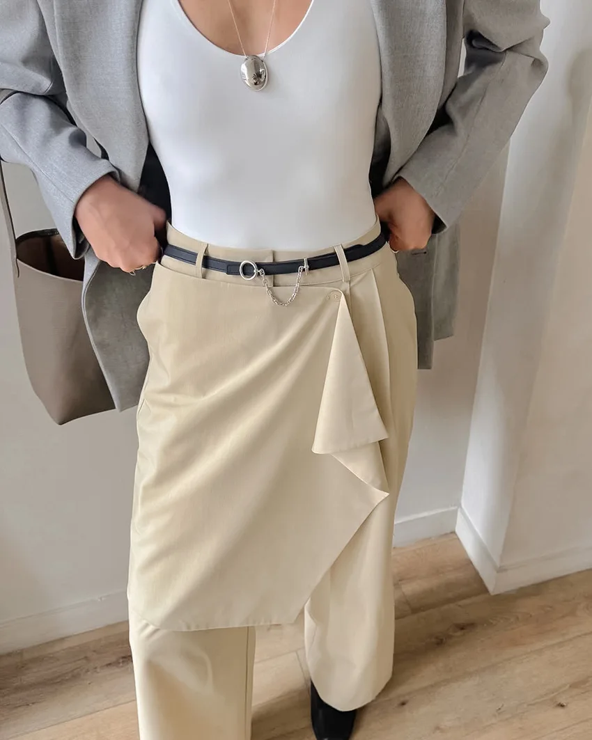 

CGC Korean Fashion Women Suit Pants Design Stitching Straight Trousers Simple Commuting Office Wide Pants Woman Clothes