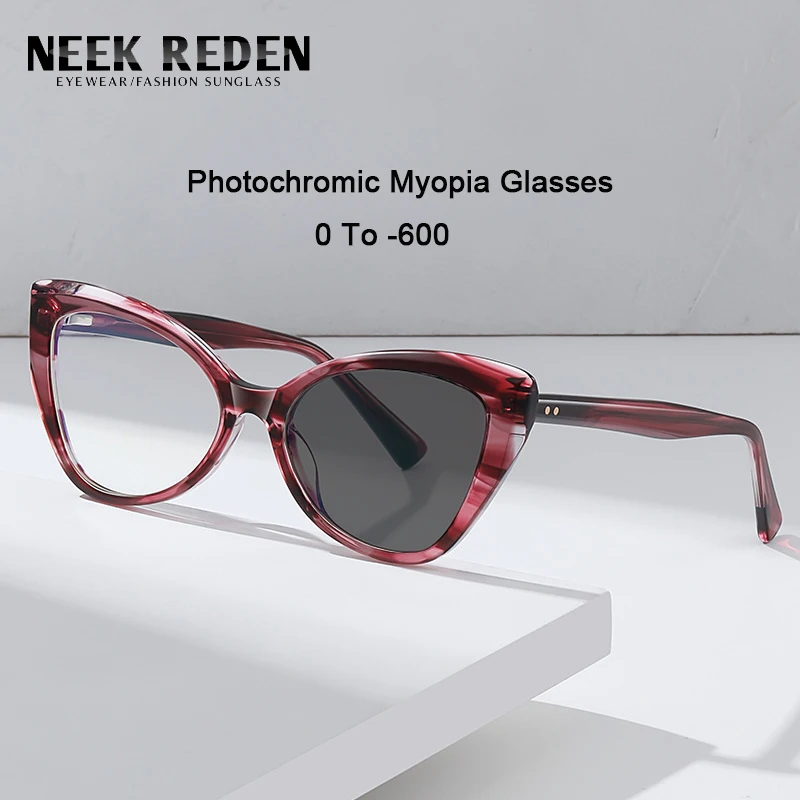 

New High Quality Cat Eye Photochromic Myopia Glasses Women Retro Spring Leg Computer Nearsighted Eyelasses 0 To -1.25 -4.5 -6.0