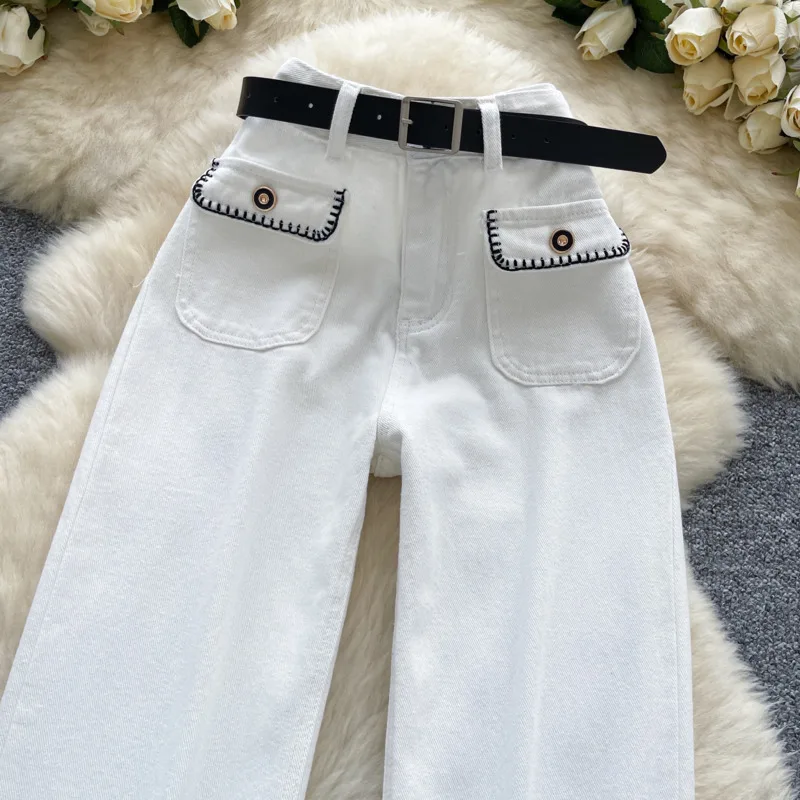 ANJY otoño nuevas mujeres elegantes Jeans Chic bolsillos de cintura alta con cinturón adelgazante High Street Y2K Casual pantalones vaqueros rectos A8826