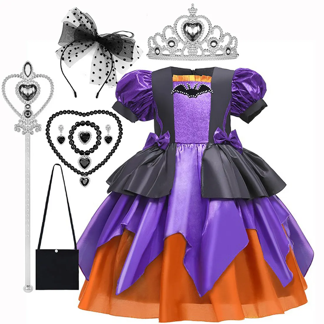 

Halloween Festival Dress for Girl Witch Purple Short-sleeved Bat Bow Puff Dress Print Witch Party Ball Gown Girl Princess Dress